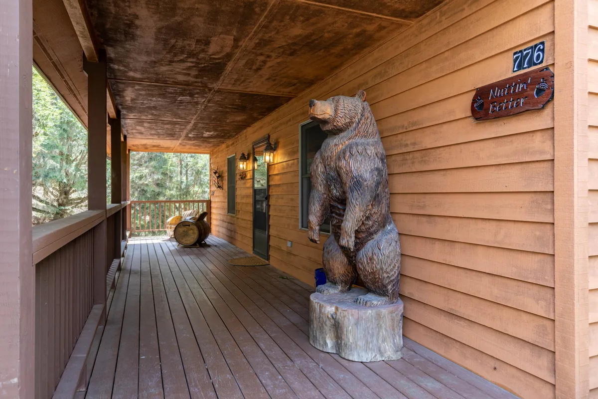This image showcases the cabin's front wooden porch, highlighted by a charming wooden bear statue next to the front door. The porch, with its inviting rustic detailing, hints at the welcoming atmosphere found within and frames the transition from the outdoors to the interior retreat.