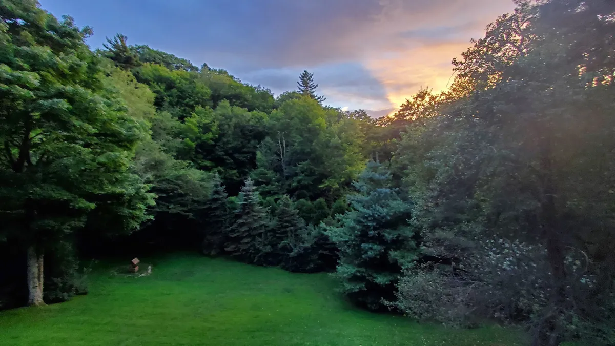 A wide view of the property’s lush green yard, dense trees, and a sky painted with warm sunset colors. The natural beauty and open space invite outdoor activities such as picnics, nature walks, or simply soaking in the tranquil scenery.